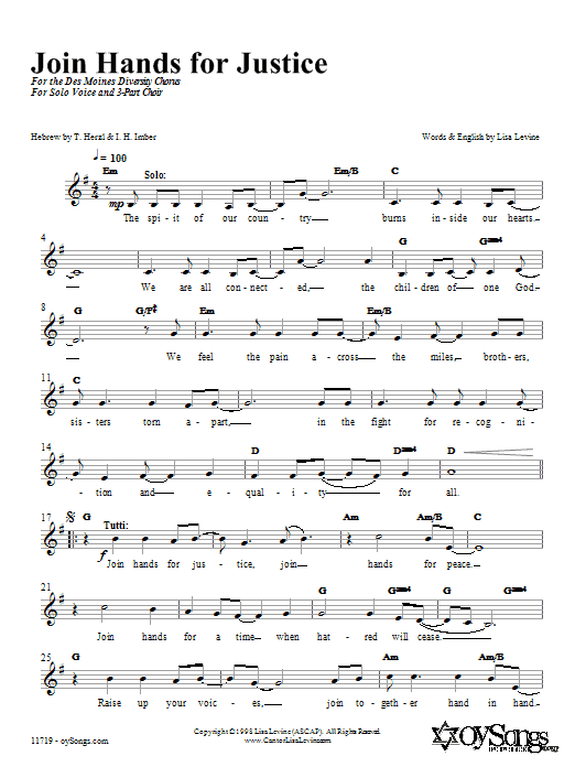 Download Lisa Levine Join Hands in Justice Sheet Music and learn how to play 3-Part Mixed PDF digital score in minutes