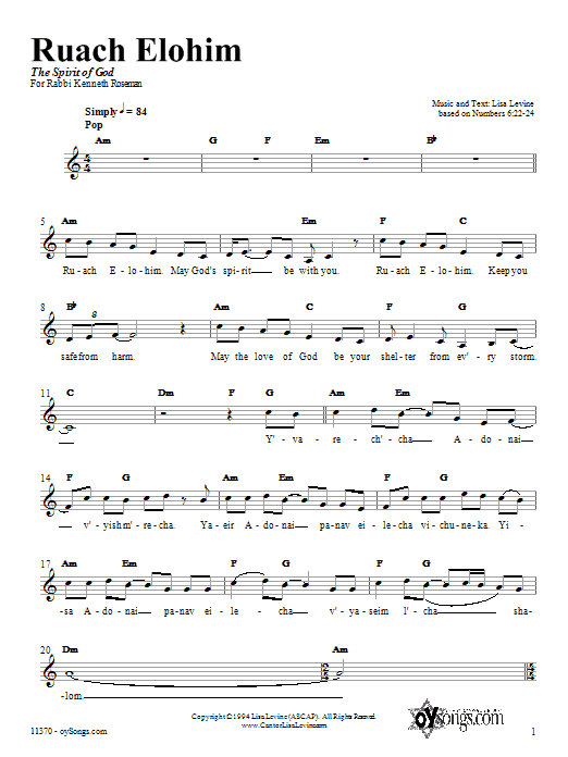 Download Lisa Levine Ruach Elohim Sheet Music and learn how to play Piano, Vocal & Guitar (Right-Hand Melody) PDF digital score in minutes