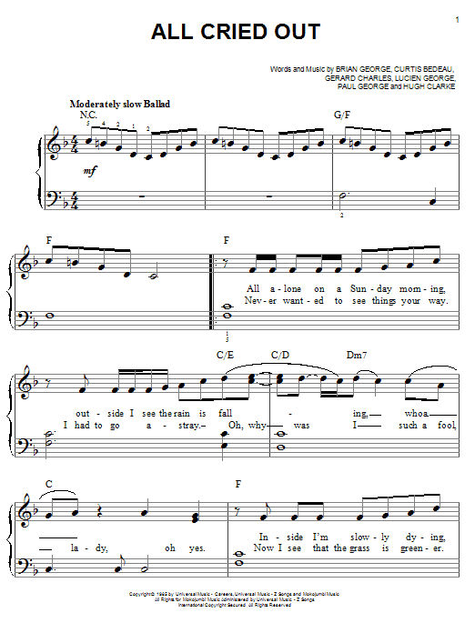 Download Lisa Lisa & Cult Jam All Cried Out Sheet Music and learn how to play Easy Piano PDF digital score in minutes