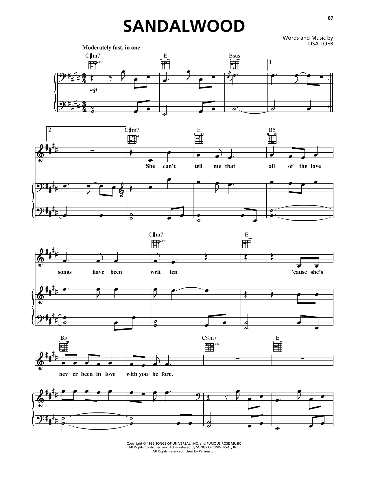 Download Lisa Loeb & Nine Stories Sandalwood Sheet Music and learn how to play Piano, Vocal & Guitar Chords (Right-Hand Melody) PDF digital score in minutes