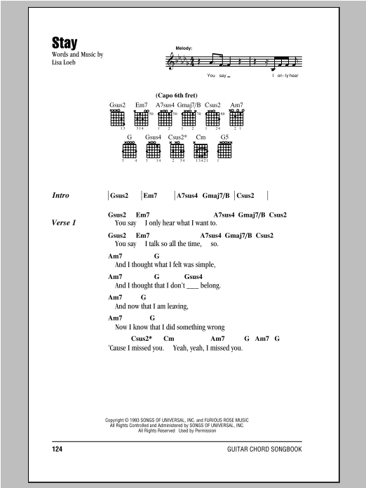 Download Lisa Loeb & Nine Stories Stay Sheet Music and learn how to play Guitar Lead Sheet PDF digital score in minutes