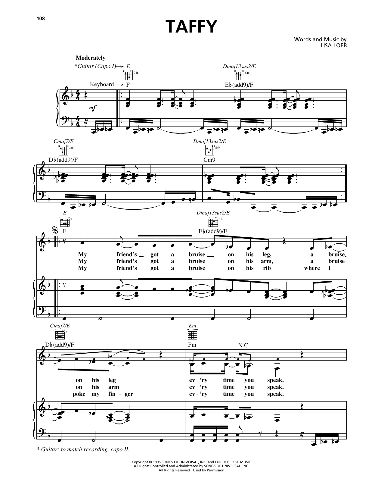 Download Lisa Loeb & Nine Stories Taffy Sheet Music and learn how to play Piano, Vocal & Guitar Chords (Right-Hand Melody) PDF digital score in minutes