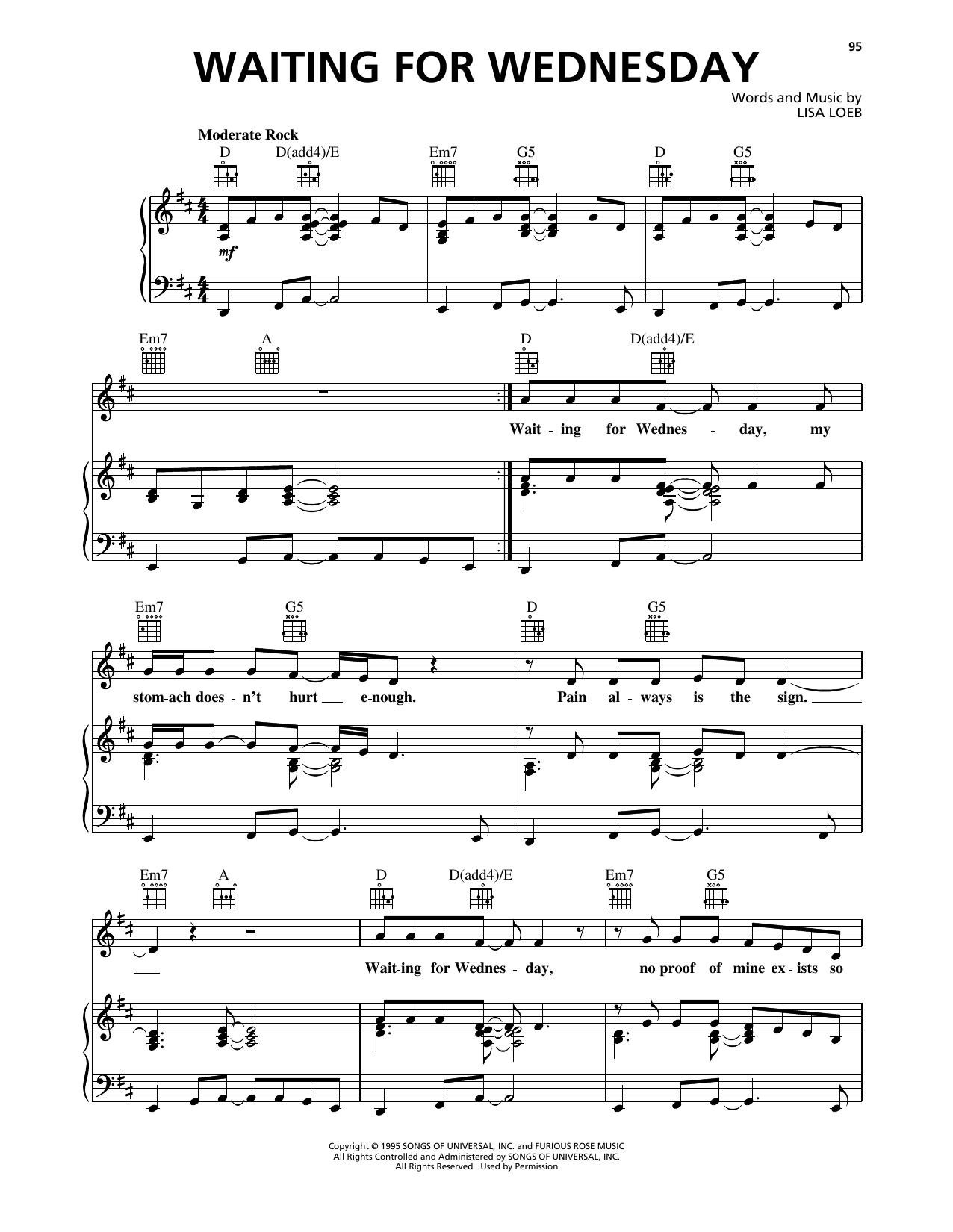Download Lisa Loeb & Nine Stories Waiting For Wednesday Sheet Music and learn how to play Piano, Vocal & Guitar Chords (Right-Hand Melody) PDF digital score in minutes