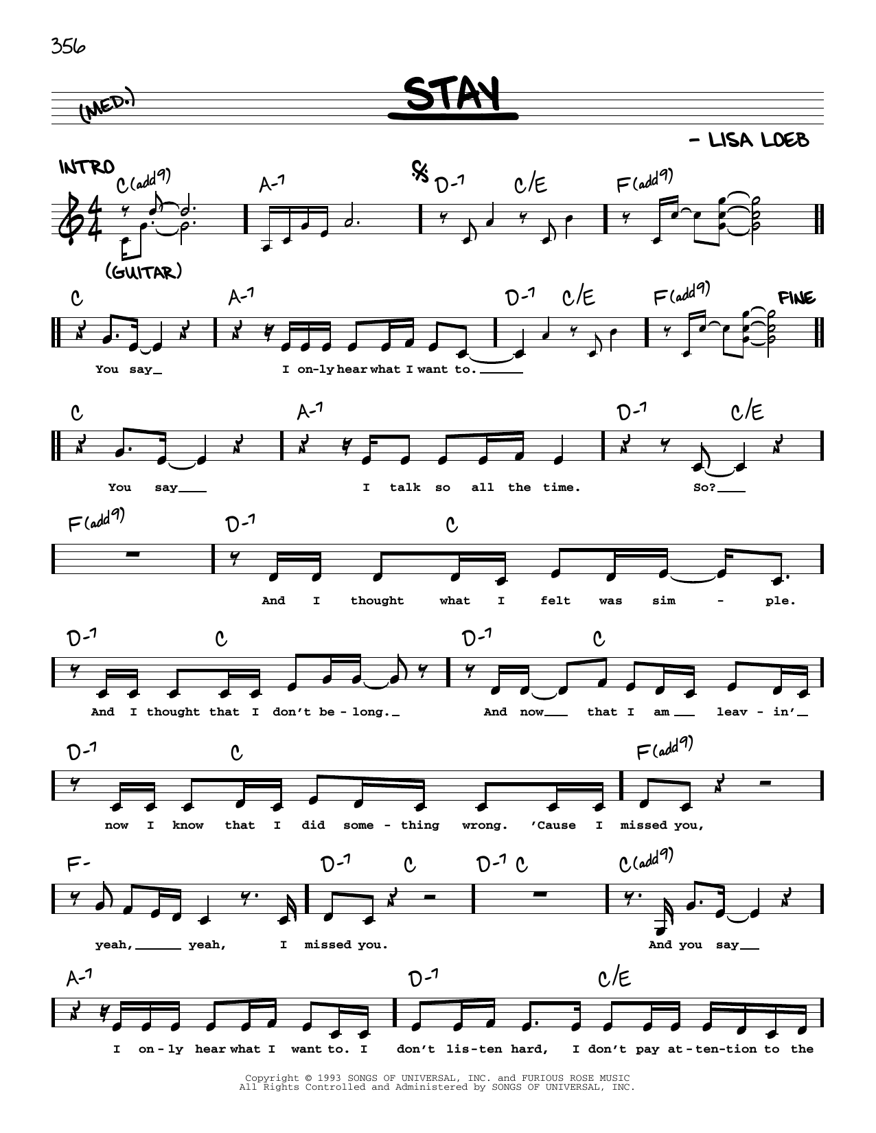 Download Lisa Loeb & Nine Stories Stay Sheet Music and learn how to play Real Book – Melody, Lyrics & Chords PDF digital score in minutes