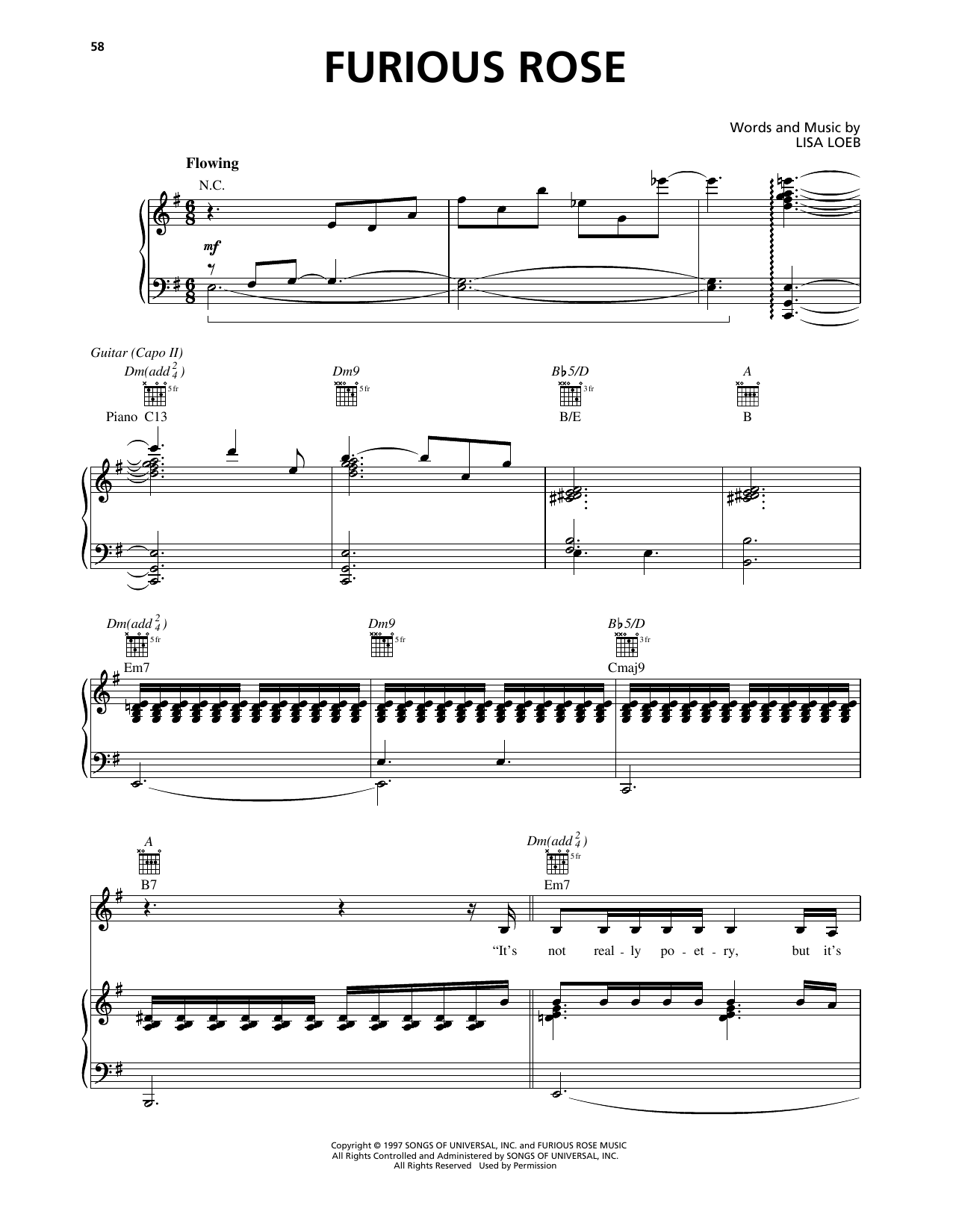 Download Lisa Loeb Furious Rose Sheet Music and learn how to play Piano, Vocal & Guitar Chords (Right-Hand Melody) PDF digital score in minutes