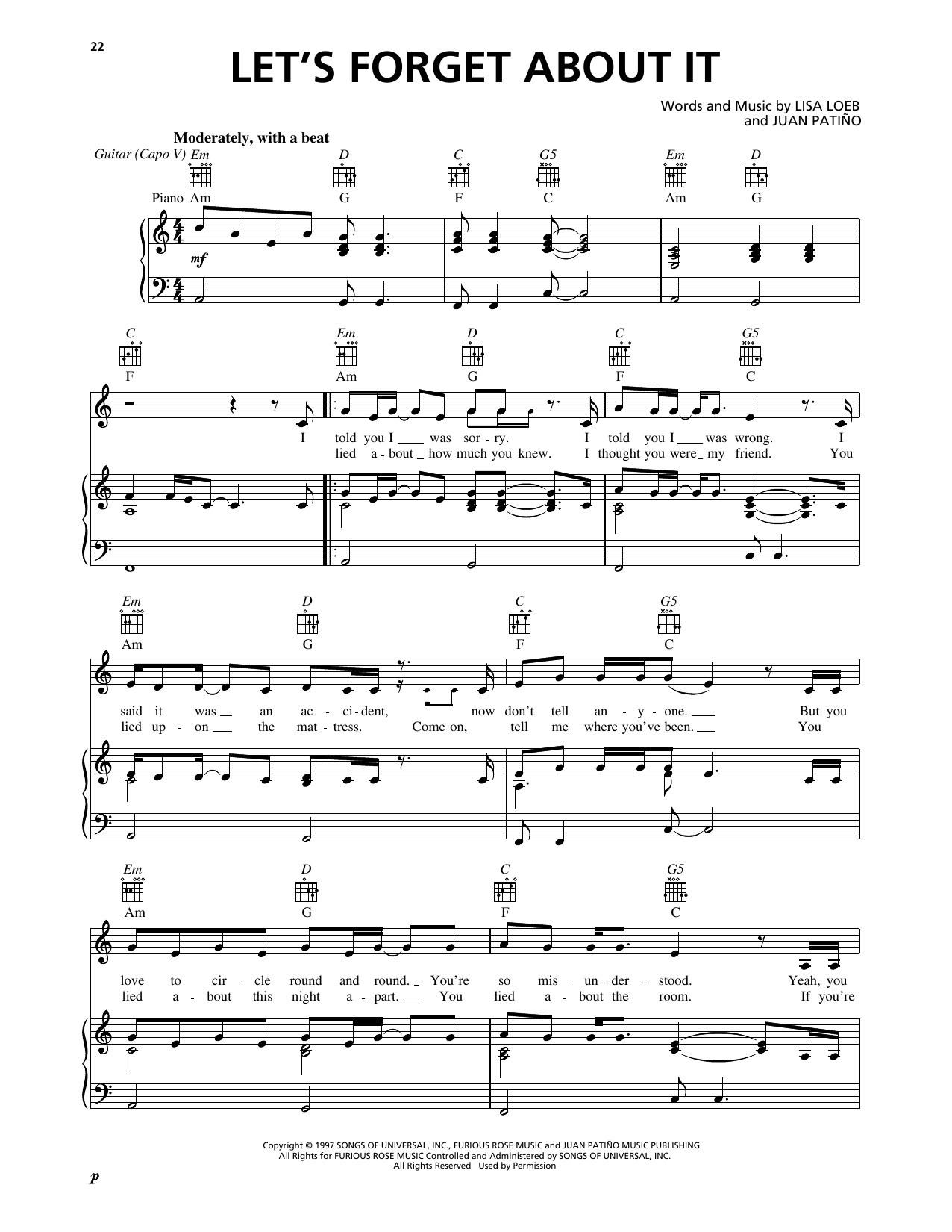 Download Lisa Loeb Let's Forget About It Sheet Music and learn how to play Piano, Vocal & Guitar Chords (Right-Hand Melody) PDF digital score in minutes