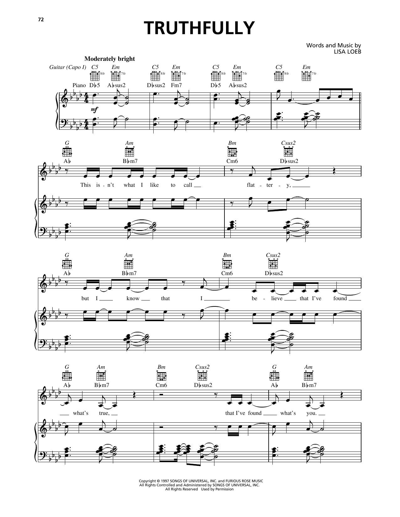Download Lisa Loeb Truthfully Sheet Music and learn how to play Piano, Vocal & Guitar Chords (Right-Hand Melody) PDF digital score in minutes