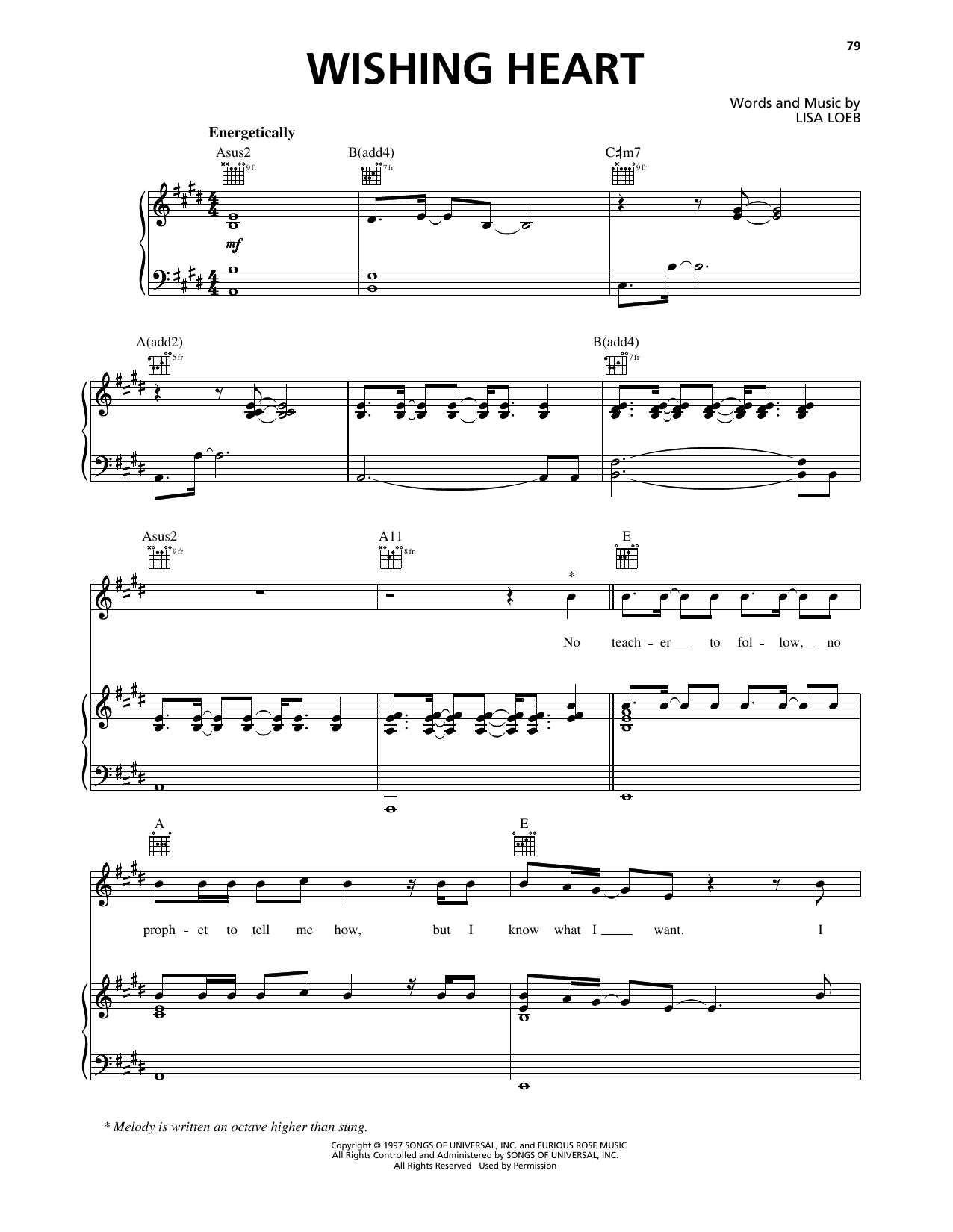 Download Lisa Loeb Wishing Heart Sheet Music and learn how to play Piano, Vocal & Guitar Chords (Right-Hand Melody) PDF digital score in minutes