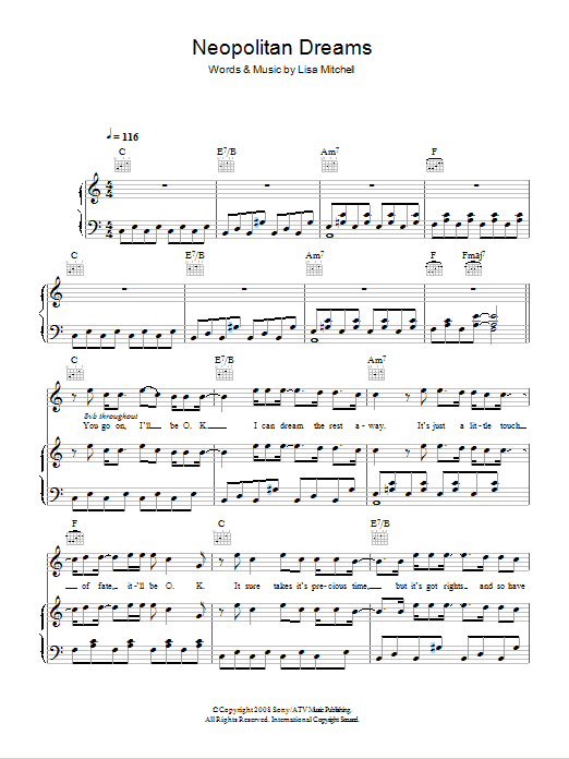 Download Lisa Mitchell Neopolitan Dreams Sheet Music and learn how to play Piano, Vocal & Guitar (Right-Hand Melody) PDF digital score in minutes