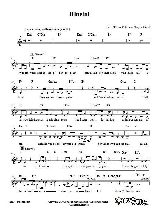 Download Lisa Silver Hineini Sheet Music and learn how to play Melody Line, Lyrics & Chords PDF digital score in minutes