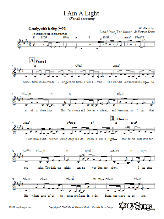 Download Lisa Silver I Am A Light (For All Occasions) Sheet Music and learn how to play Melody Line, Lyrics & Chords PDF digital score in minutes
