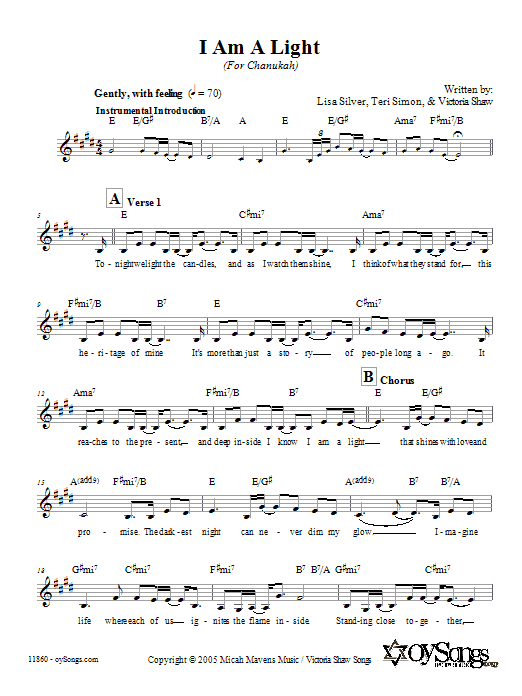 Download Lisa Silver I Am A Light (For Chanukah) Sheet Music and learn how to play Melody Line, Lyrics & Chords PDF digital score in minutes