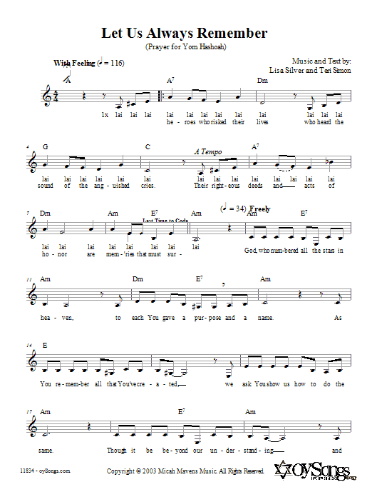 Download Lisa Silver Let Us Always Remember (Prayer for Yom HaShoah) Sheet Music and learn how to play Melody Line, Lyrics & Chords PDF digital score in minutes