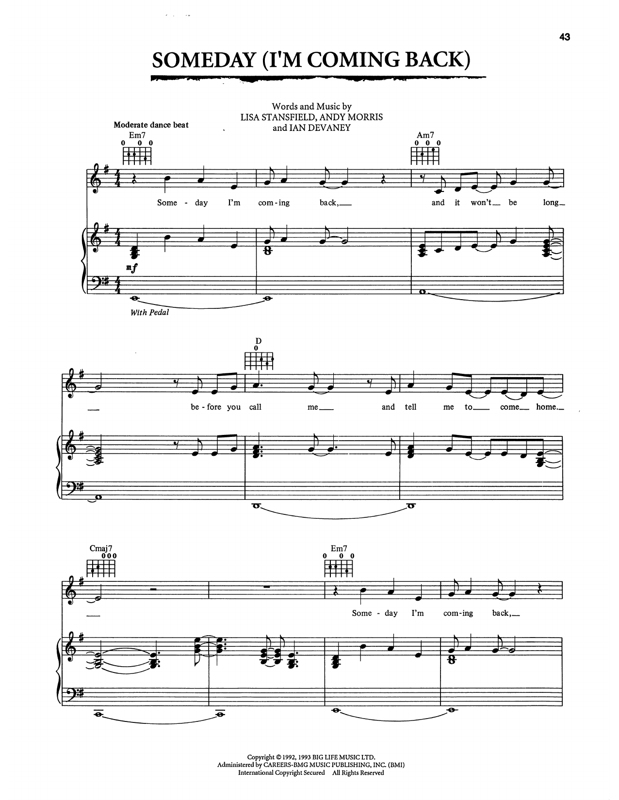 Download Lisa Stansfield Someday (I'm Coming Back) (from The Bodyguard) Sheet Music and learn how to play Piano, Vocal & Guitar Chords (Right-Hand Melody) PDF digital score in minutes