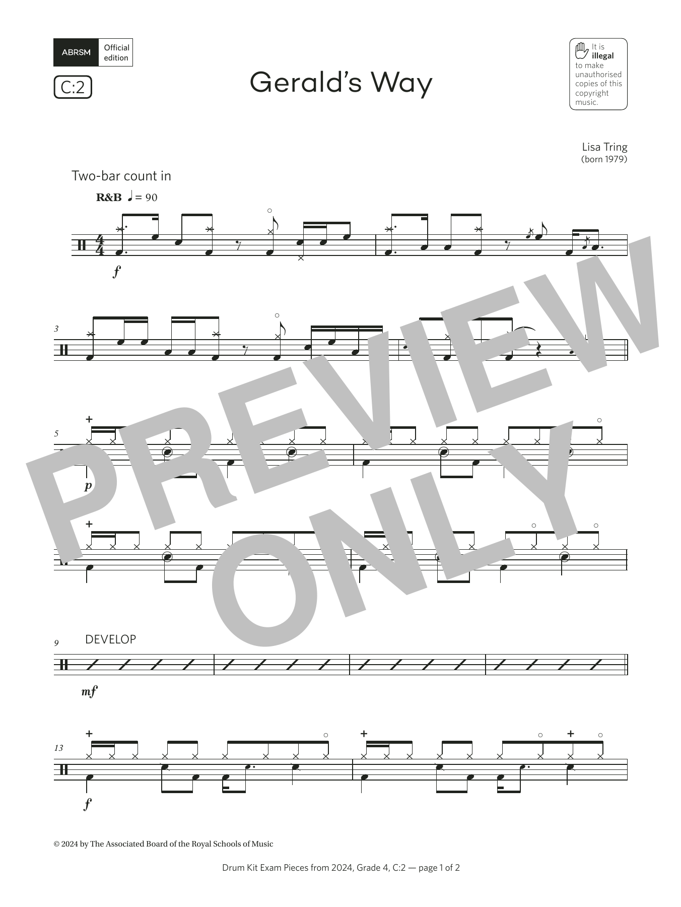 Download Lisa Tring Gerald's Way (Grade 4, list C2, from the ABRSM Drum Kit Syllabus 2024) Sheet Music and learn how to play Drums PDF digital score in minutes