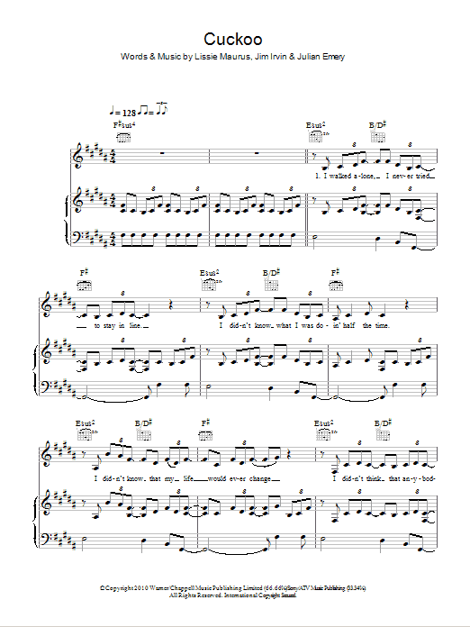 Download Lissie Cuckoo Sheet Music and learn how to play Piano, Vocal & Guitar (Right-Hand Melody) PDF digital score in minutes