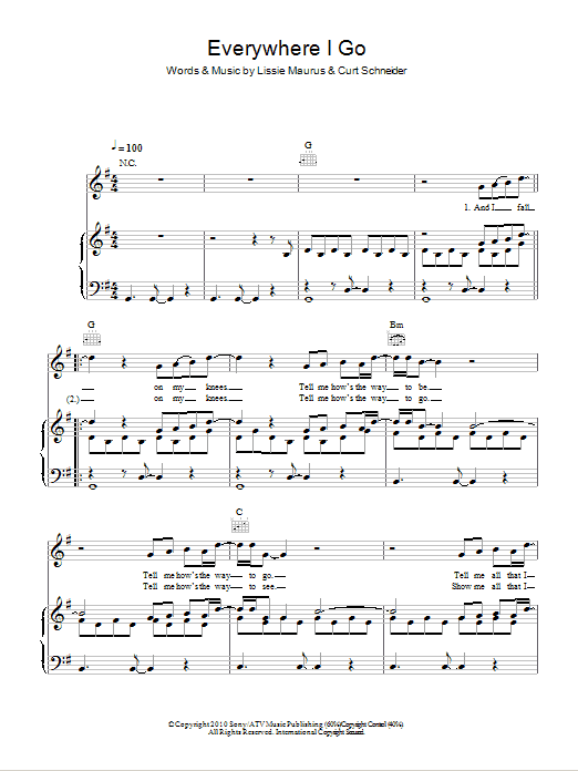 Download Lissie Everywhere I Go Sheet Music and learn how to play Piano, Vocal & Guitar (Right-Hand Melody) PDF digital score in minutes