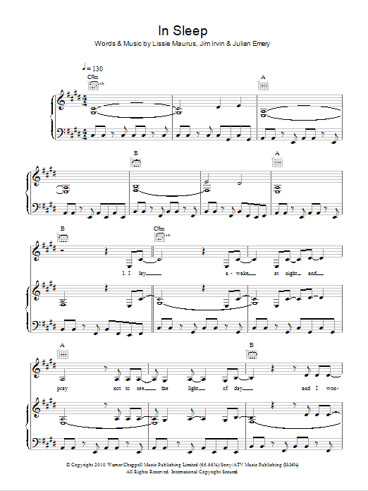 Download Lissie In Sleep Sheet Music and learn how to play Piano, Vocal & Guitar (Right-Hand Melody) PDF digital score in minutes