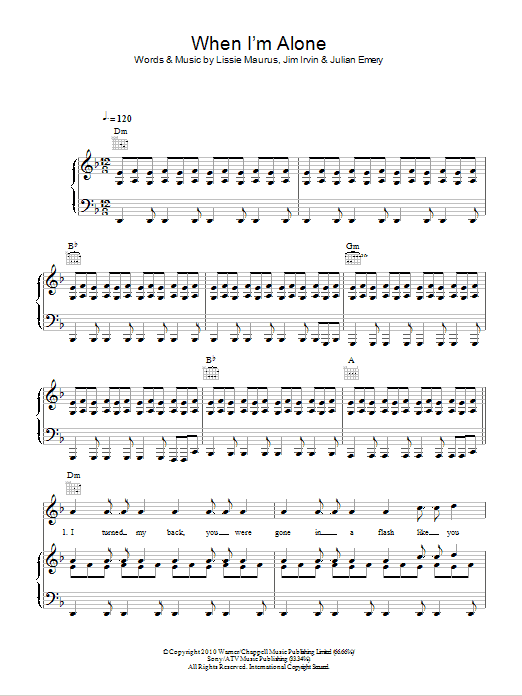Download Lissie When I'm Alone Sheet Music and learn how to play Piano, Vocal & Guitar (Right-Hand Melody) PDF digital score in minutes