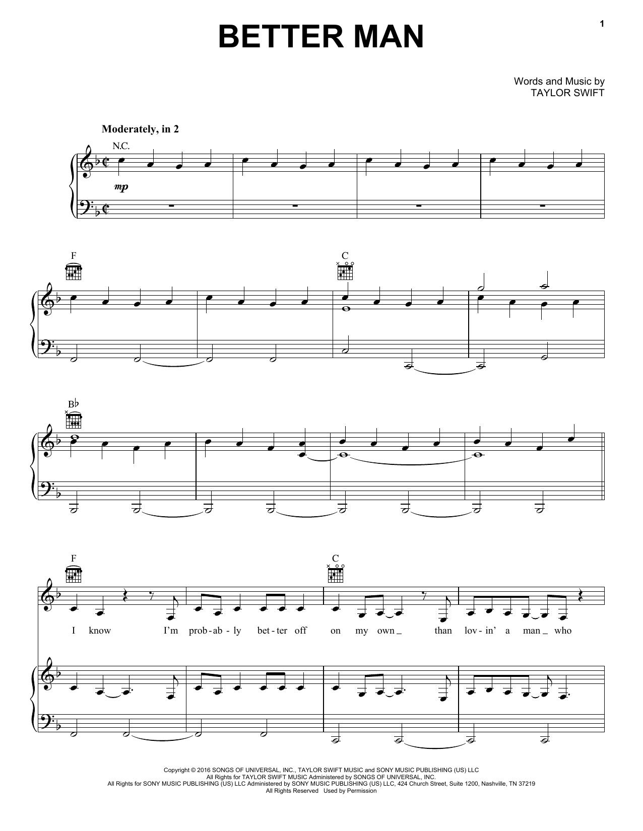 Download Little Big Town Better Man Sheet Music and learn how to play Piano, Vocal & Guitar (Right-Hand Melody) PDF digital score in minutes