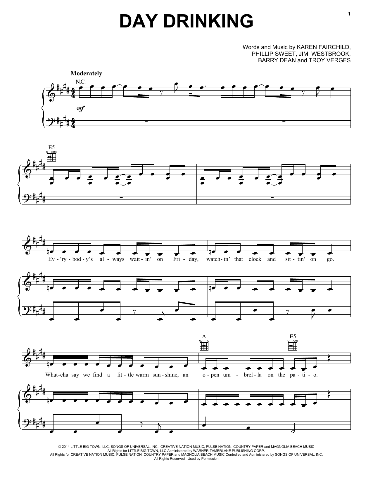 Download Little Big Town Day Drinking Sheet Music and learn how to play Piano, Vocal & Guitar (Right-Hand Melody) PDF digital score in minutes