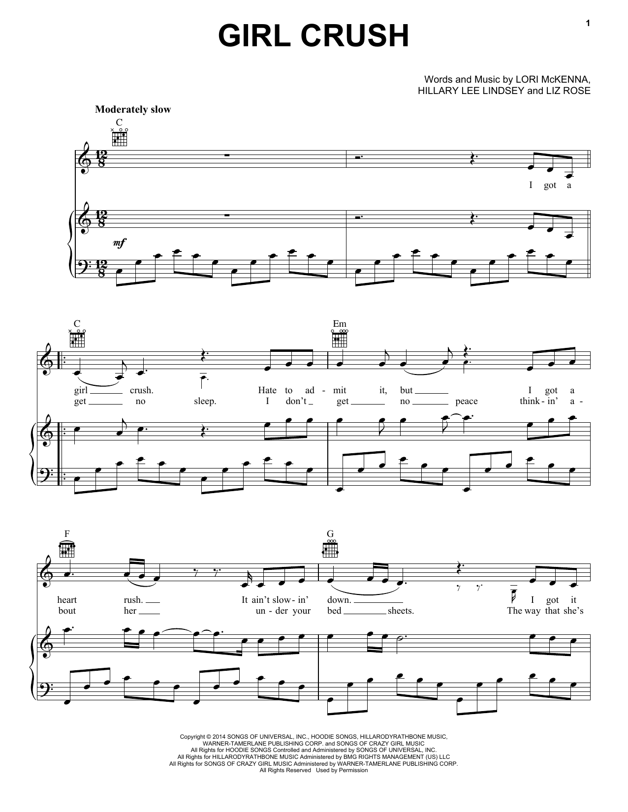 Download Little Big Town Girl Crush Sheet Music and learn how to play Lyrics & Chords PDF digital score in minutes