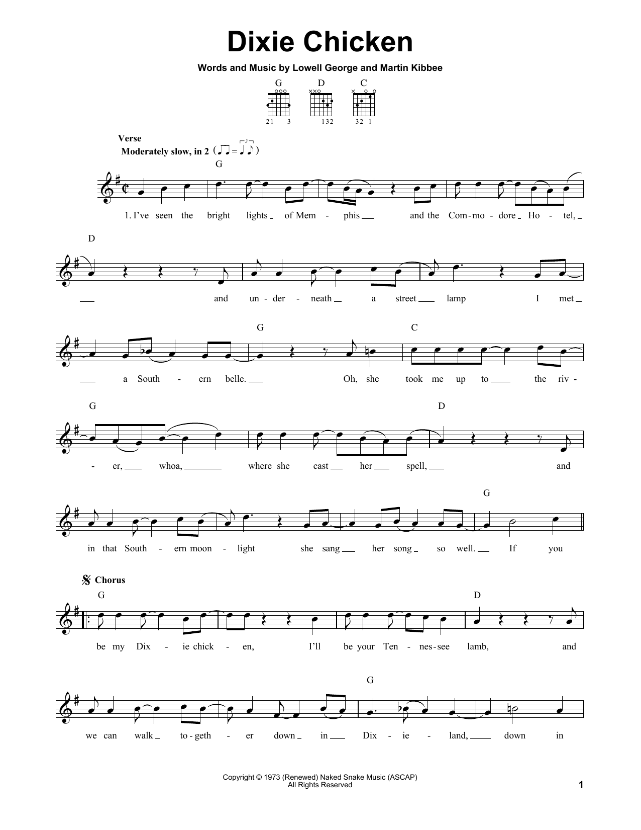 Download Little Feat Dixie Chicken Sheet Music and learn how to play Piano, Vocal & Guitar (Right-Hand Melody) PDF digital score in minutes