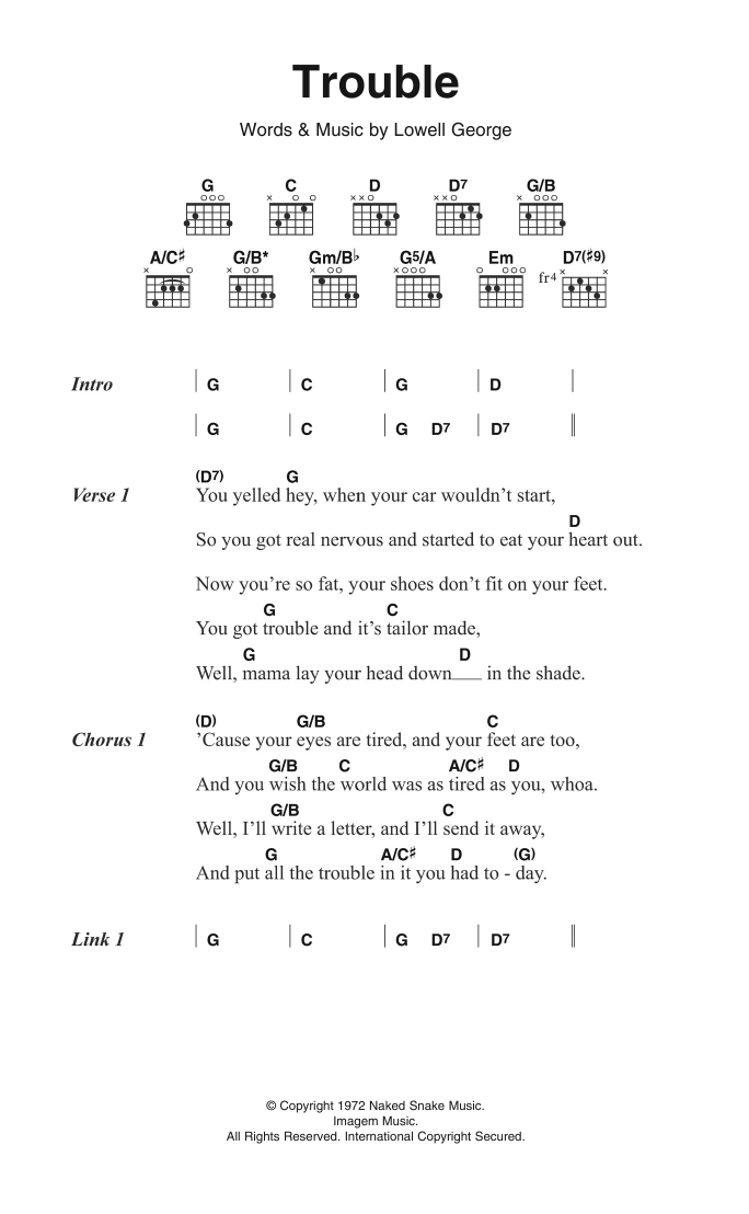 Download Little Feat Trouble Sheet Music and learn how to play Lyrics & Chords PDF digital score in minutes