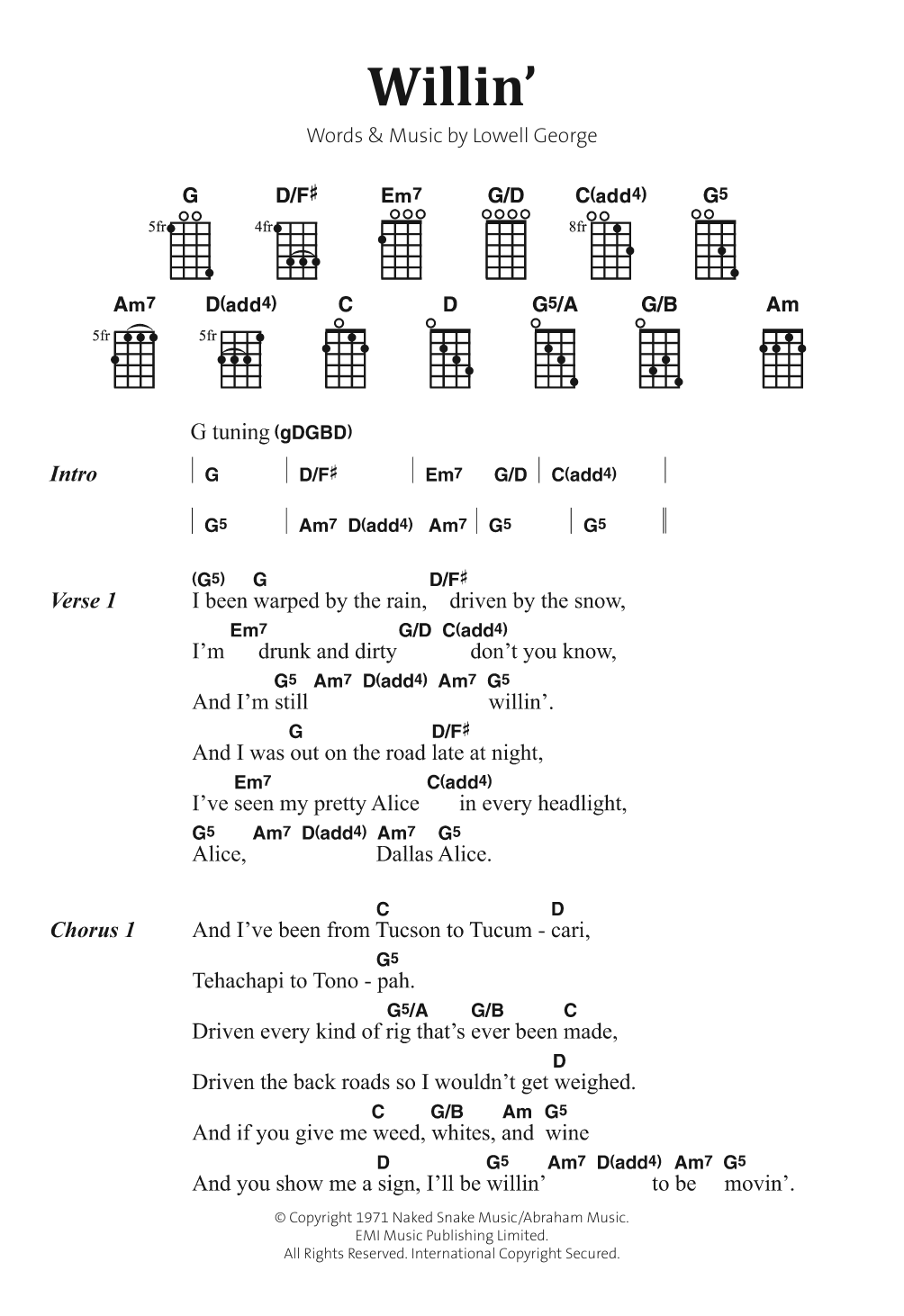Download Little Feat Willin' Sheet Music and learn how to play Banjo Lyrics & Chords PDF digital score in minutes
