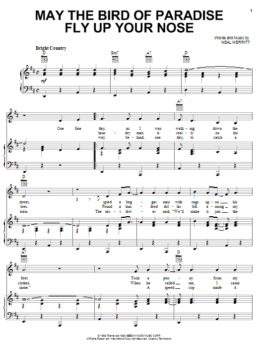 Download Little Jimmy Dickens May The Bird Of Paradise Fly Up Your Nose Sheet Music and learn how to play Piano, Vocal & Guitar (Right-Hand Melody) PDF digital score in minutes