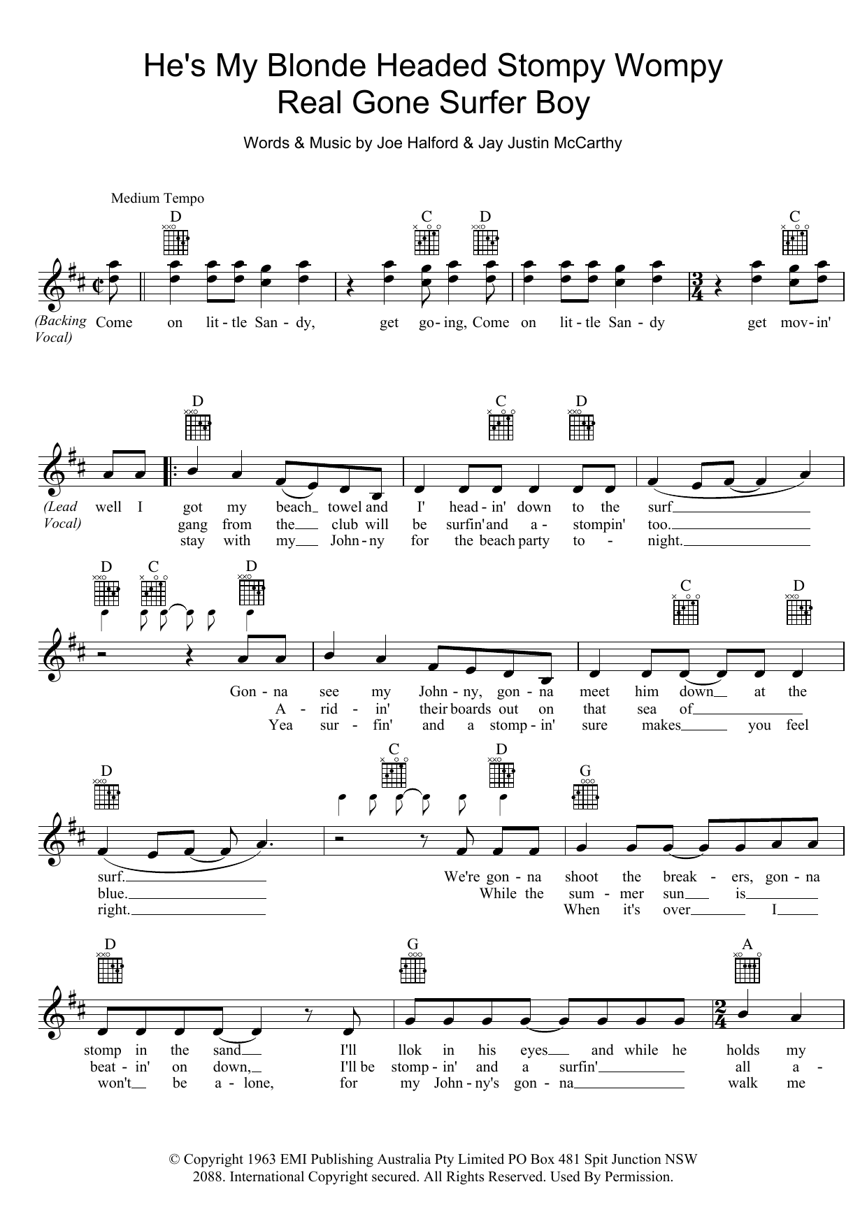 Download Little Pattie He's My Blonde Headed Stompy Wompy Real Gone Surfer Boy Sheet Music and learn how to play Melody Line, Lyrics & Chords PDF digital score in minutes