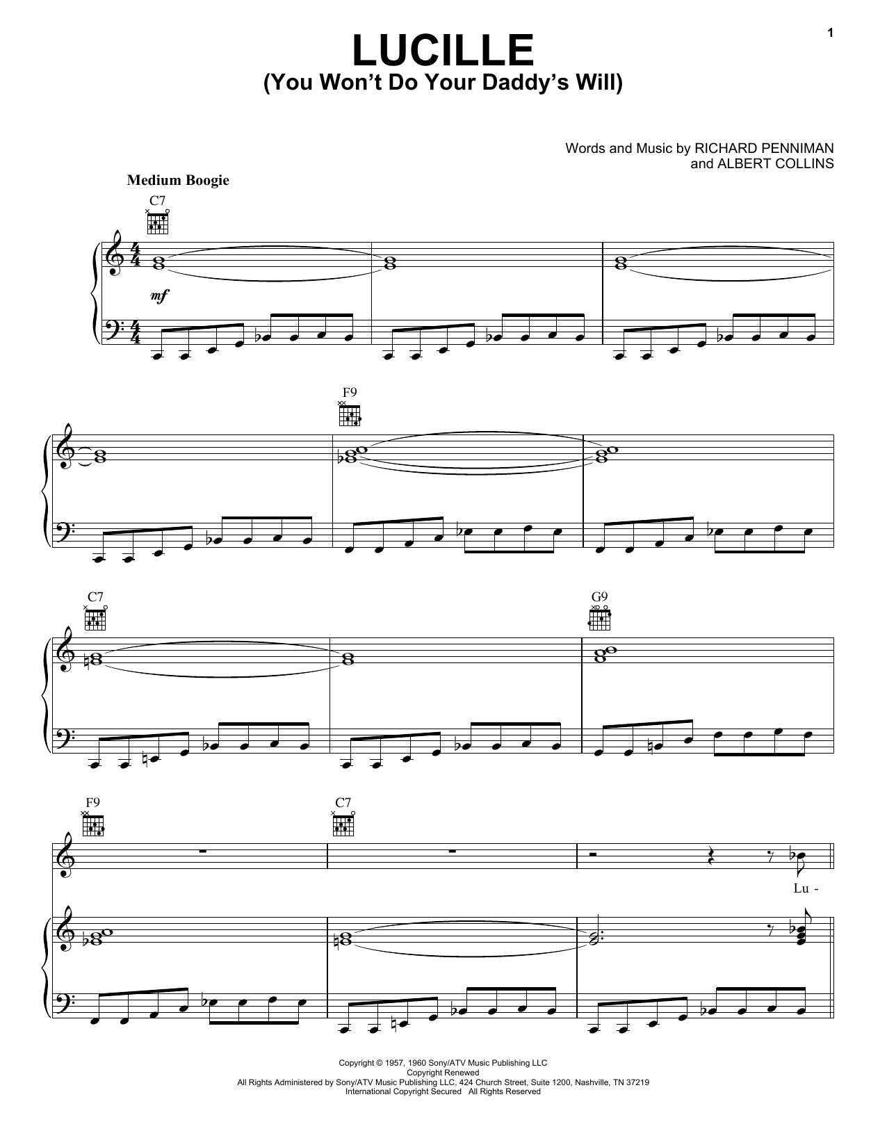 Download Little Richard Lucille (You Won't Do Your Daddy's Will) Sheet Music and learn how to play Piano, Vocal & Guitar (Right-Hand Melody) PDF digital score in minutes