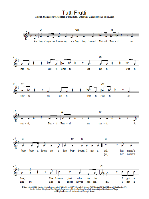 Download Chuck Berry Tutti Frutti Sheet Music and learn how to play Melody Line, Lyrics & Chords PDF digital score in minutes