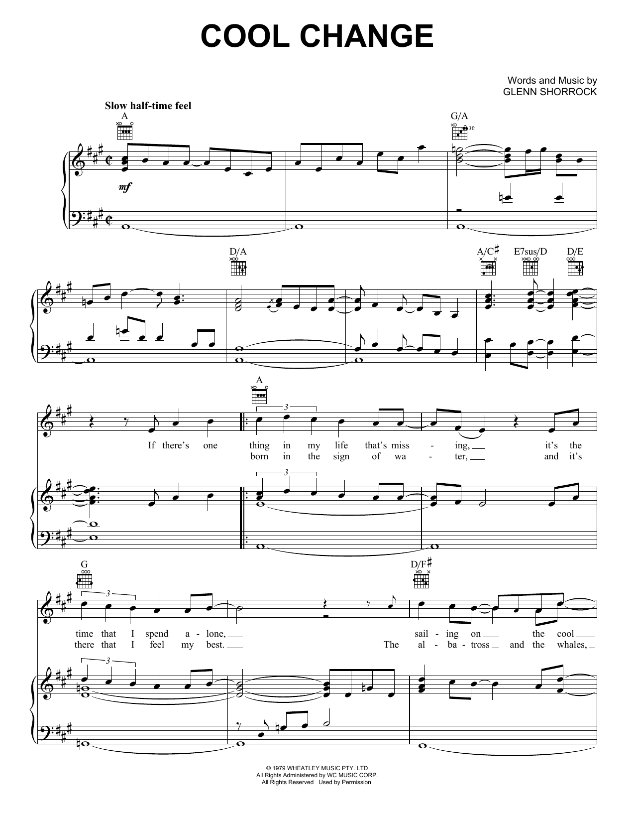 Download Little River Band Cool Change Sheet Music and learn how to play Piano, Vocal & Guitar Chords (Right-Hand Melody) PDF digital score in minutes