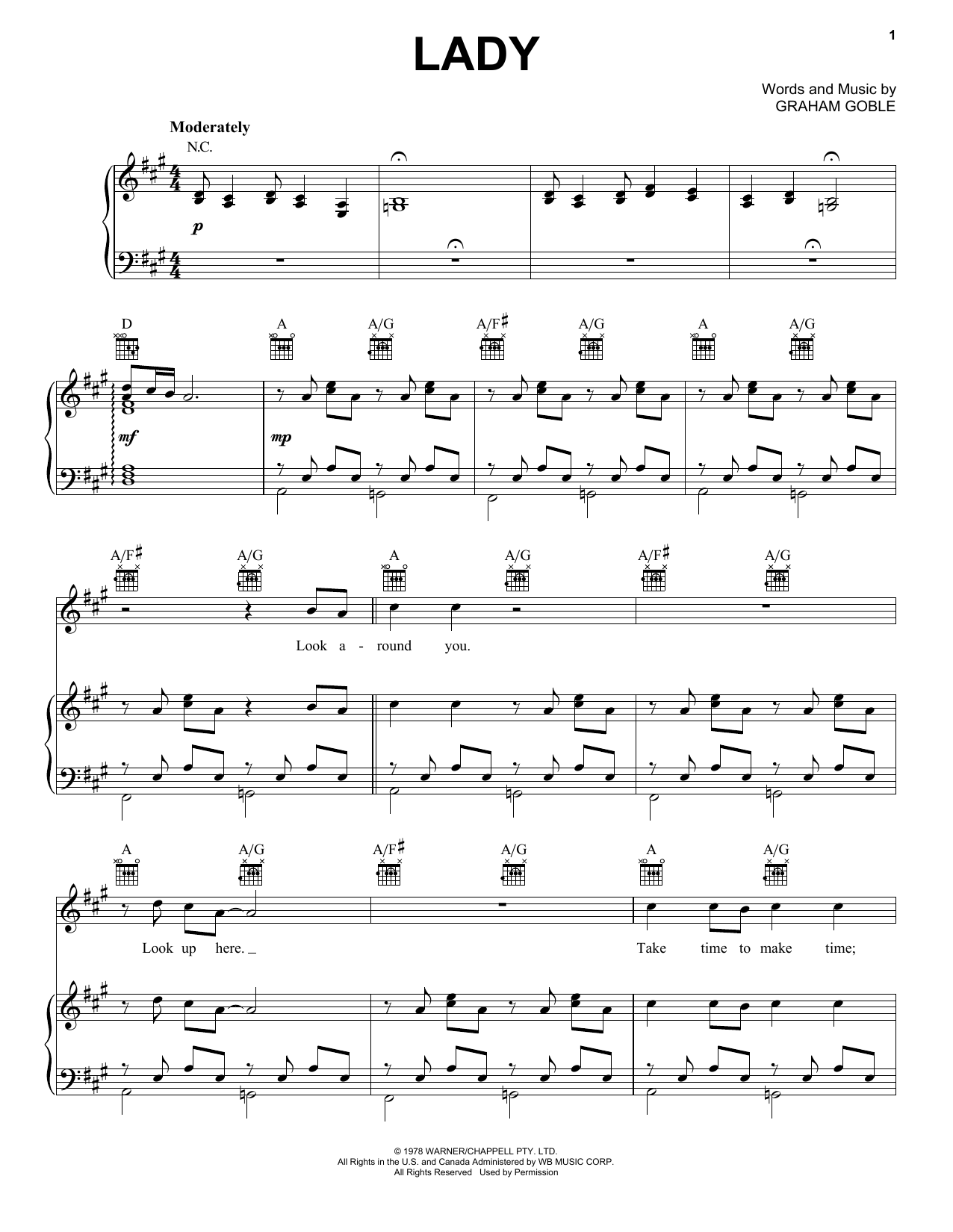 Download Little River Band Lady Sheet Music and learn how to play Piano, Vocal & Guitar (Right-Hand Melody) PDF digital score in minutes