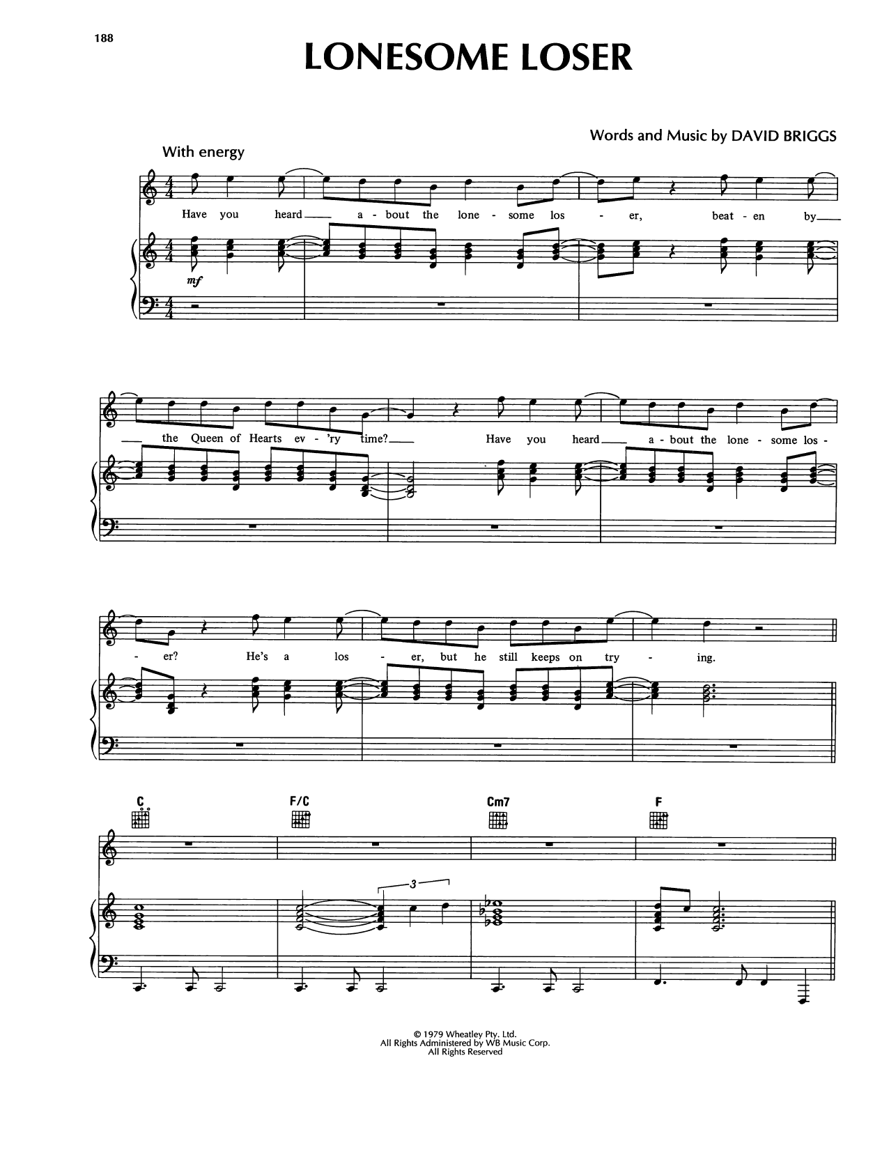 Download Little River Band Lonesome Loser Sheet Music and learn how to play Piano, Vocal & Guitar Chords (Right-Hand Melody) PDF digital score in minutes