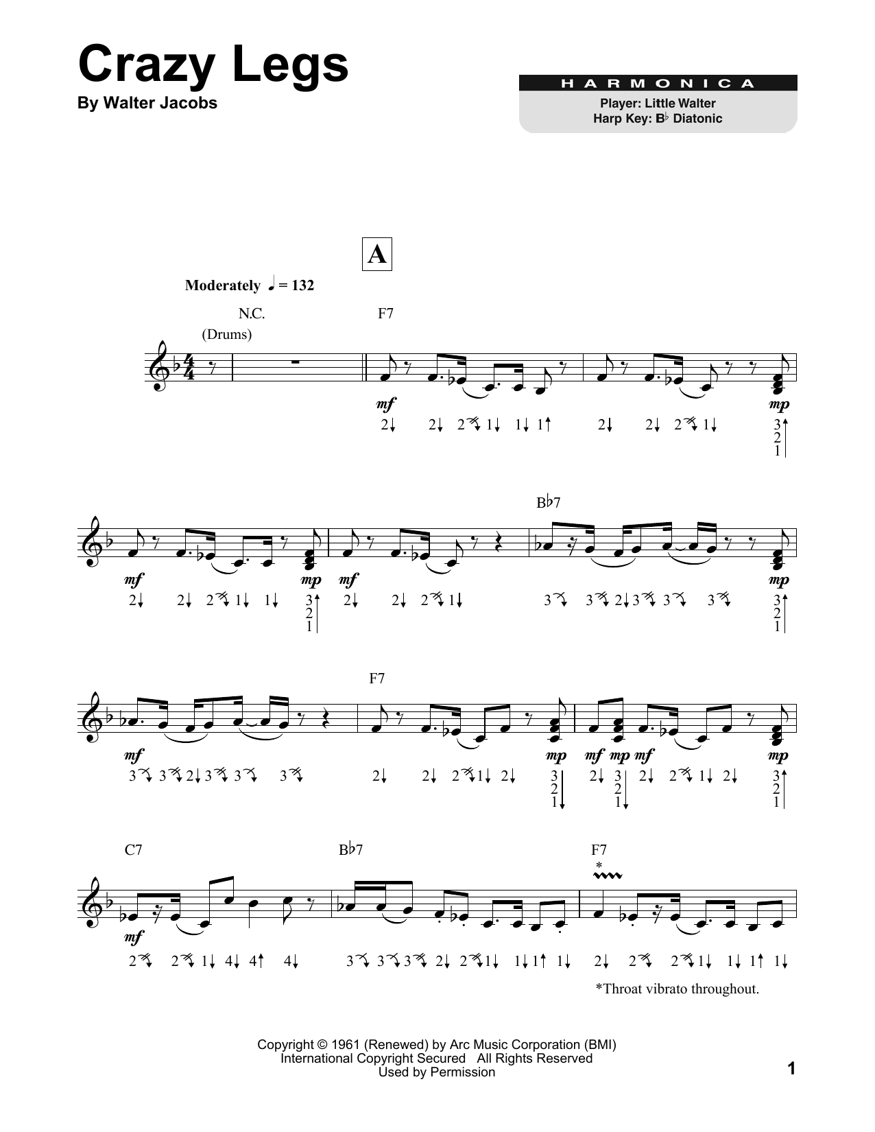 Download Little Walter Crazy Legs Sheet Music and learn how to play Harmonica PDF digital score in minutes