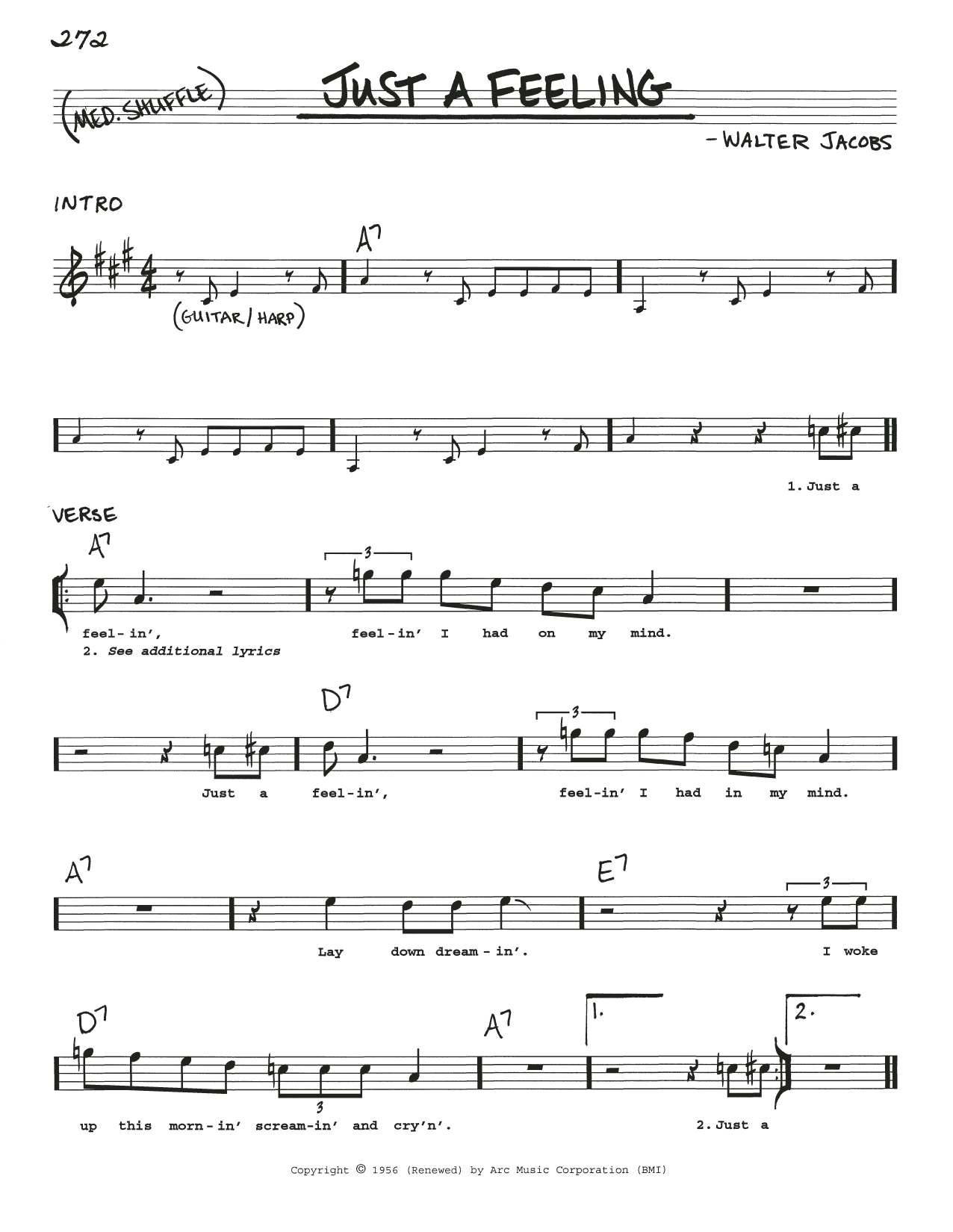 Download Little Walter Just A Feeling Sheet Music and learn how to play Real Book – Melody, Lyrics & Chords PDF digital score in minutes
