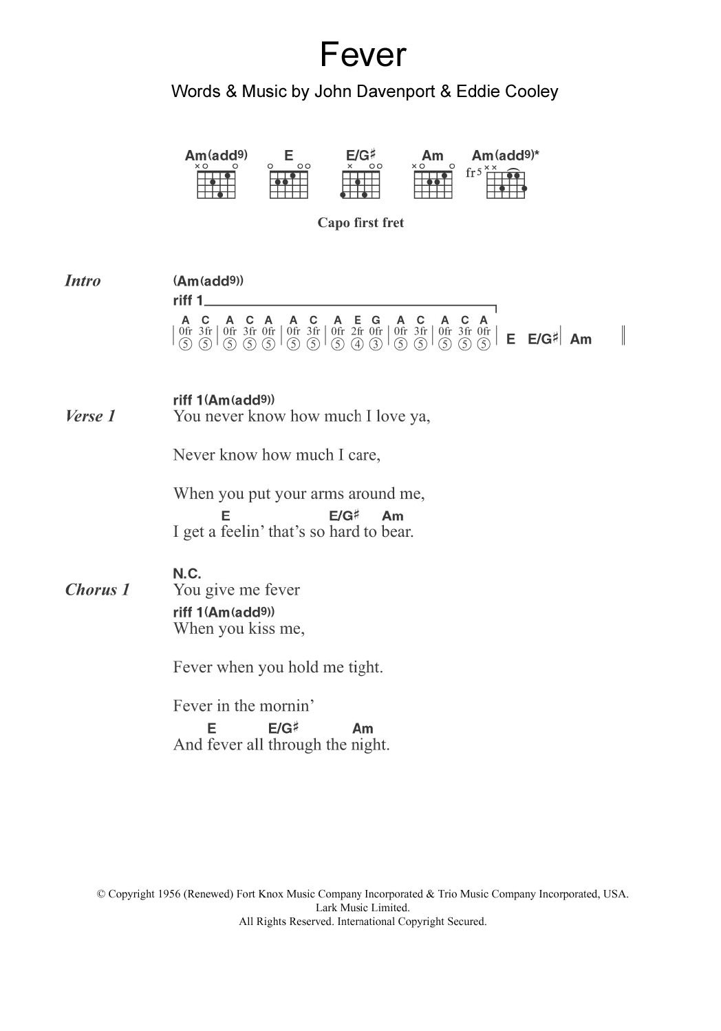 Download Little Willie John Fever Sheet Music and learn how to play Lyrics & Chords PDF digital score in minutes