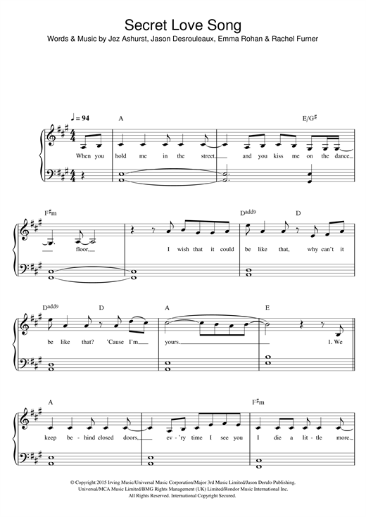 Download Little Mix Secret Love Song (feat. Jason Derulo) Sheet Music and learn how to play Easy Piano PDF digital score in minutes