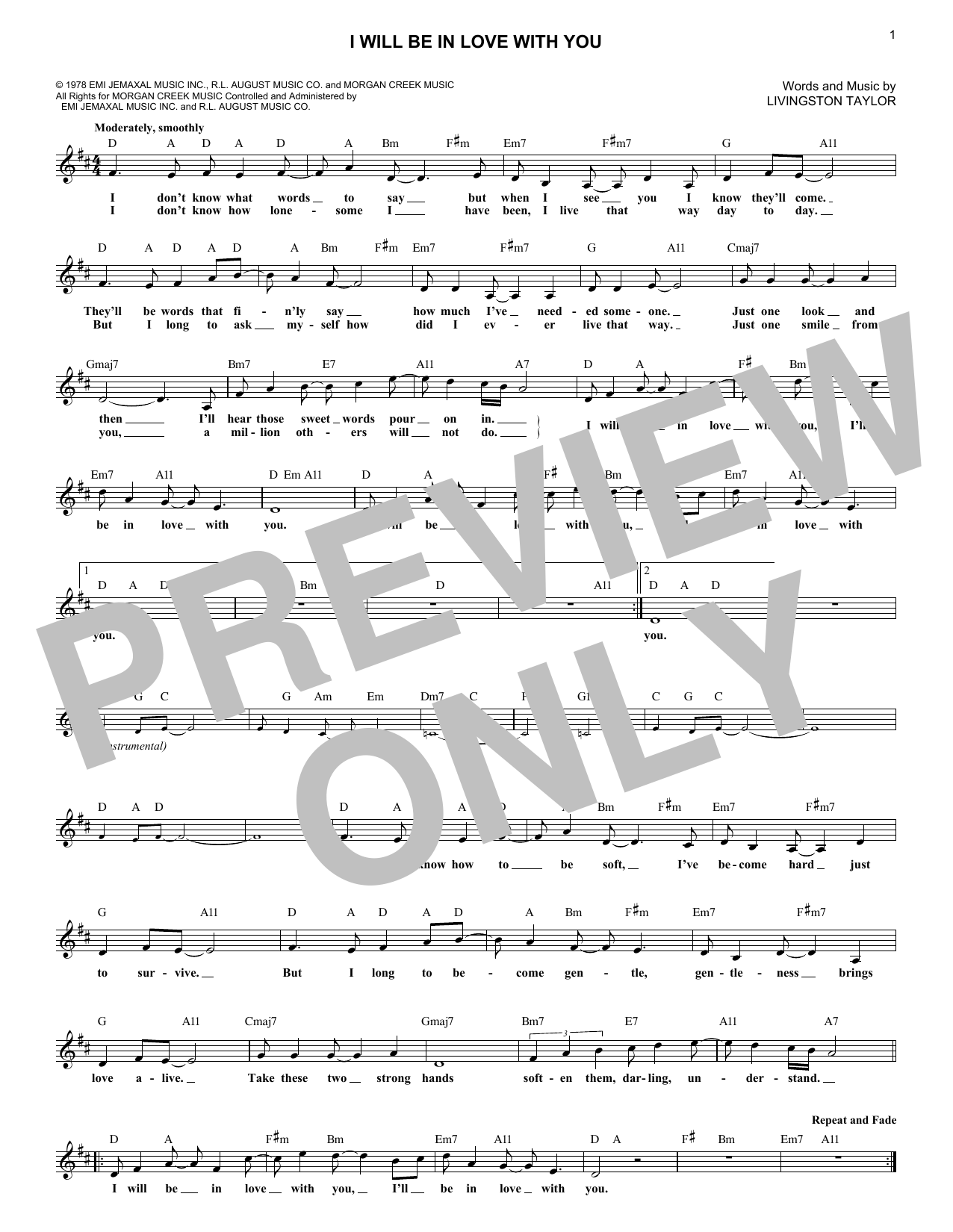 Download Livingston Taylor I Will Be In Love With You Sheet Music and learn how to play Melody Line, Lyrics & Chords PDF digital score in minutes
