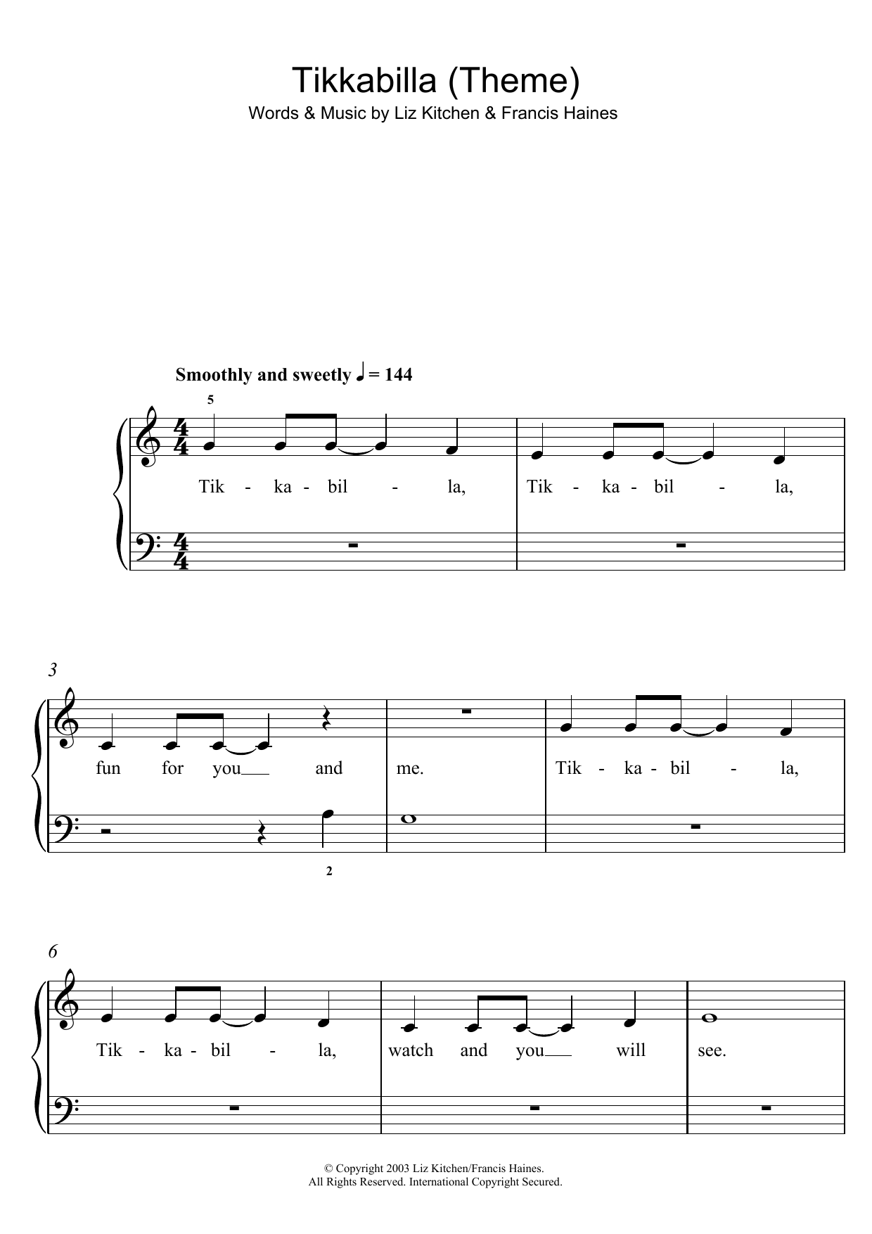 Download Liz Kitchen Tikkabilla (Theme) Sheet Music and learn how to play 5-Finger Piano PDF digital score in minutes