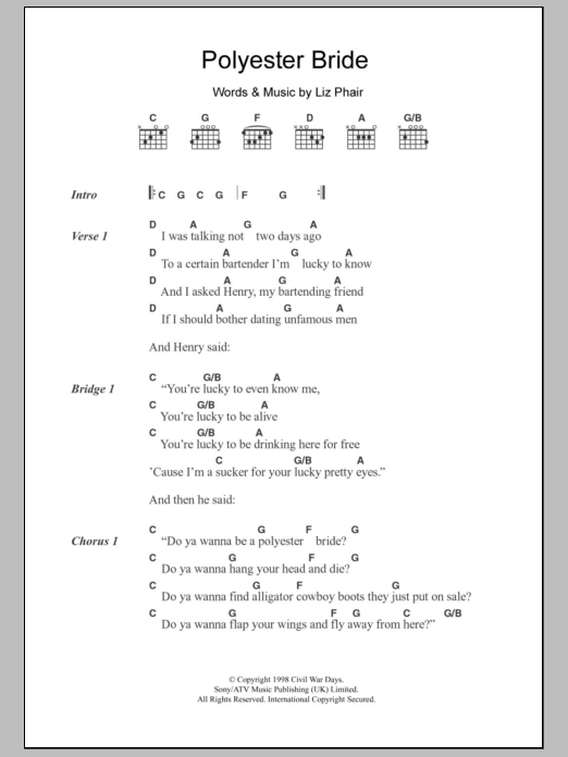 Download Liz Phair Polyester Bride Sheet Music and learn how to play Lyrics & Chords PDF digital score in minutes