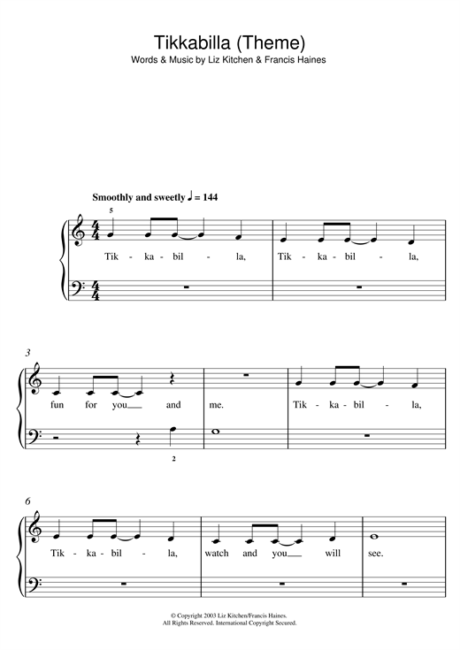 Download Liz Kitchen Tikkabilla (Theme) Sheet Music and learn how to play 5-Finger Piano PDF digital score in minutes