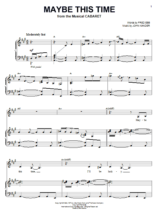 Download Liza Minnelli Maybe This Time Sheet Music and learn how to play Piano, Vocal & Guitar (Right-Hand Melody) PDF digital score in minutes