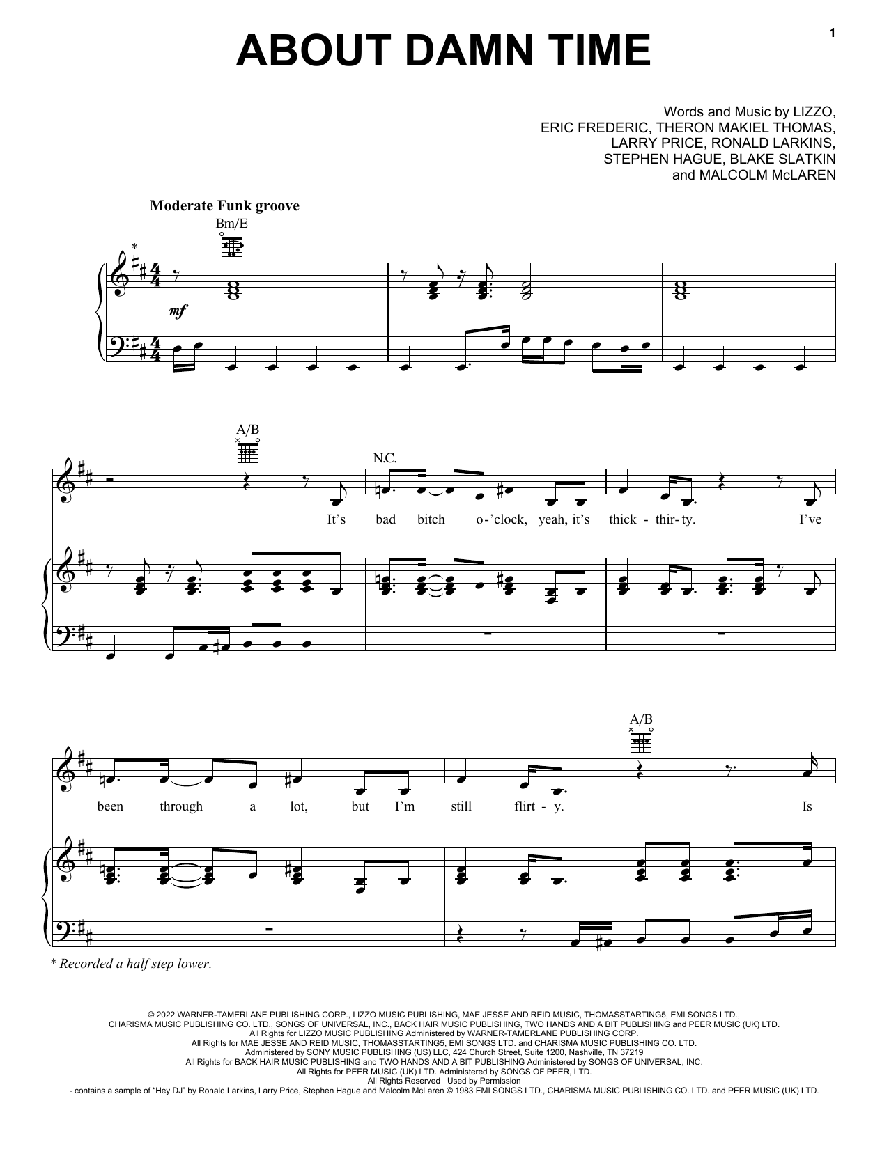 Download Lizzo About Damn Time Sheet Music and learn how to play Piano, Vocal & Guitar Chords (Right-Hand Melody) PDF digital score in minutes