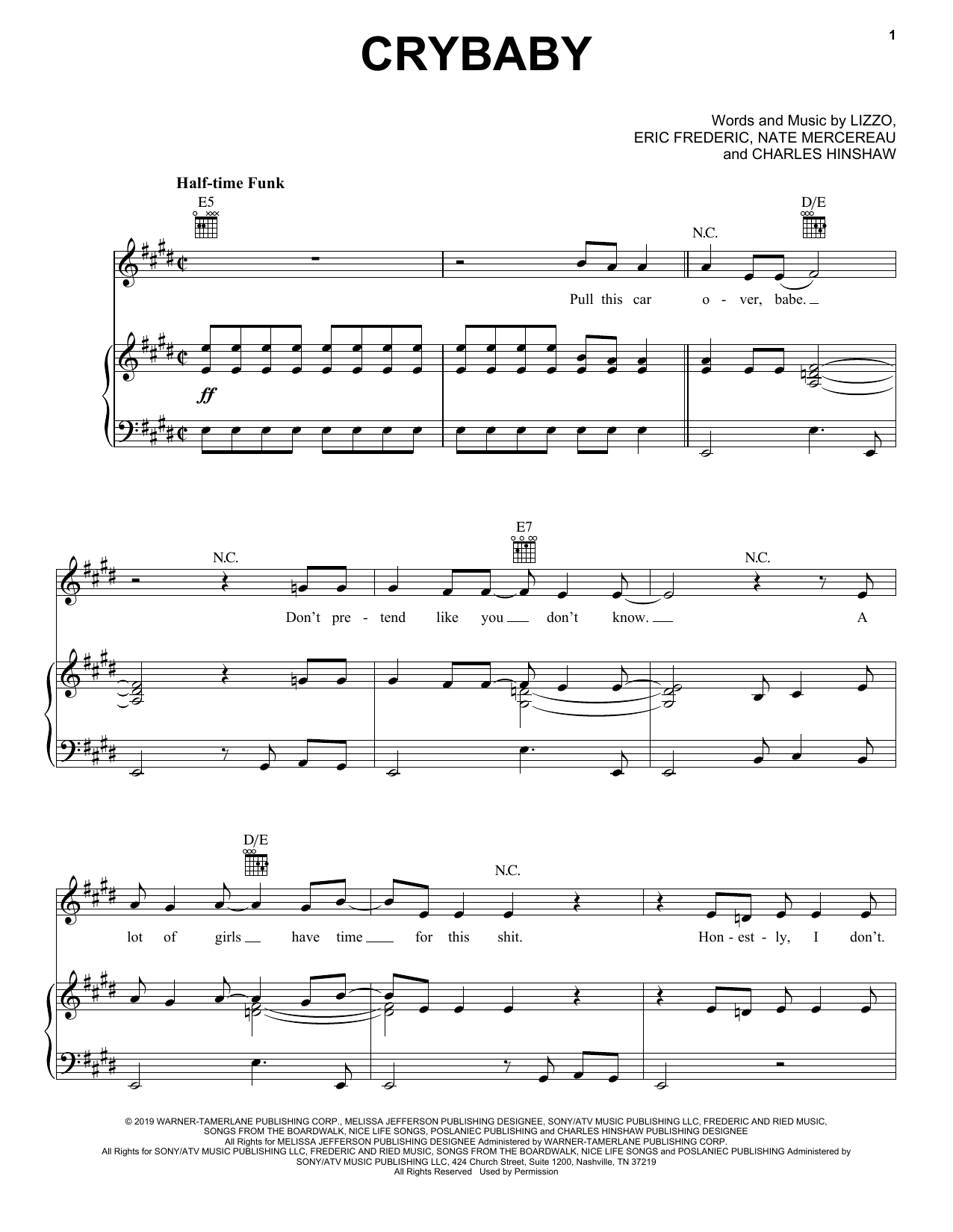 Download Lizzo Crybaby Sheet Music and learn how to play Piano, Vocal & Guitar Chords (Right-Hand Melody) PDF digital score in minutes