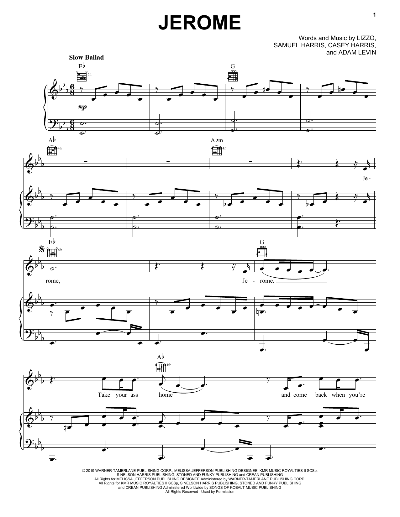 Download Lizzo Jerome Sheet Music and learn how to play Piano, Vocal & Guitar Chords (Right-Hand Melody) PDF digital score in minutes