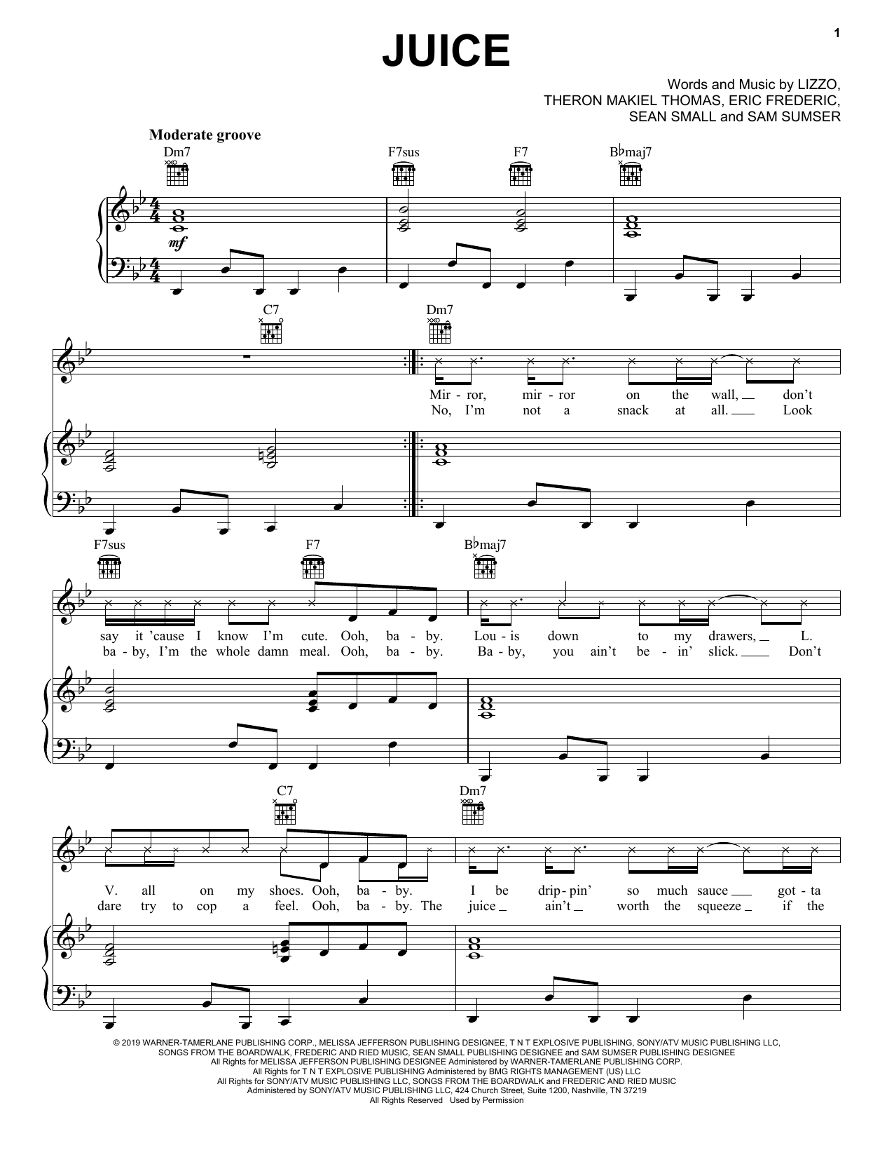 Download Lizzo Juice Sheet Music and learn how to play Piano, Vocal & Guitar Chords (Right-Hand Melody) PDF digital score in minutes