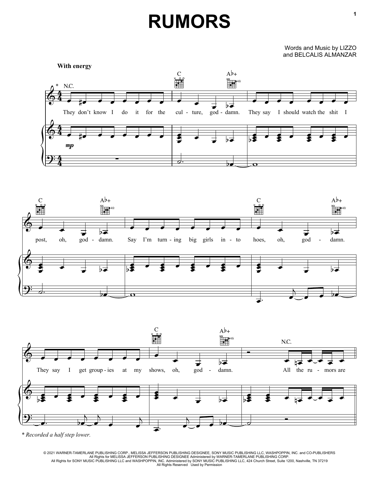 Download Lizzo Rumors (feat. Cardi B) Sheet Music and learn how to play Piano, Vocal & Guitar Chords (Right-Hand Melody) PDF digital score in minutes